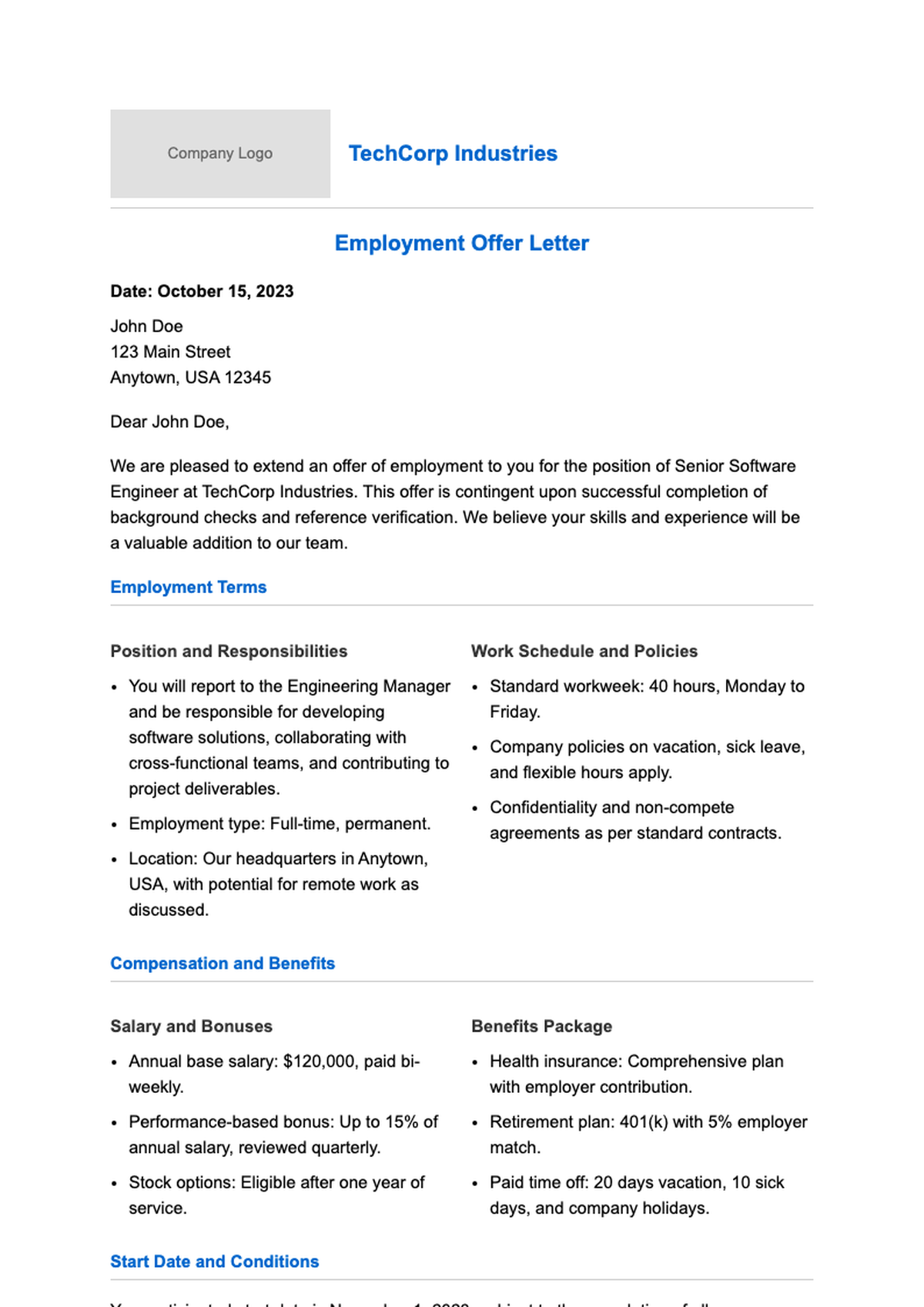 Professional job offer letter template as business letter with iHire branding_variant_3